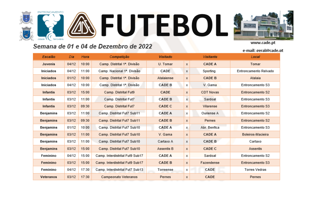 Agenda de jogos para fim de semana de 1 a 4 de Dezembro 2022...