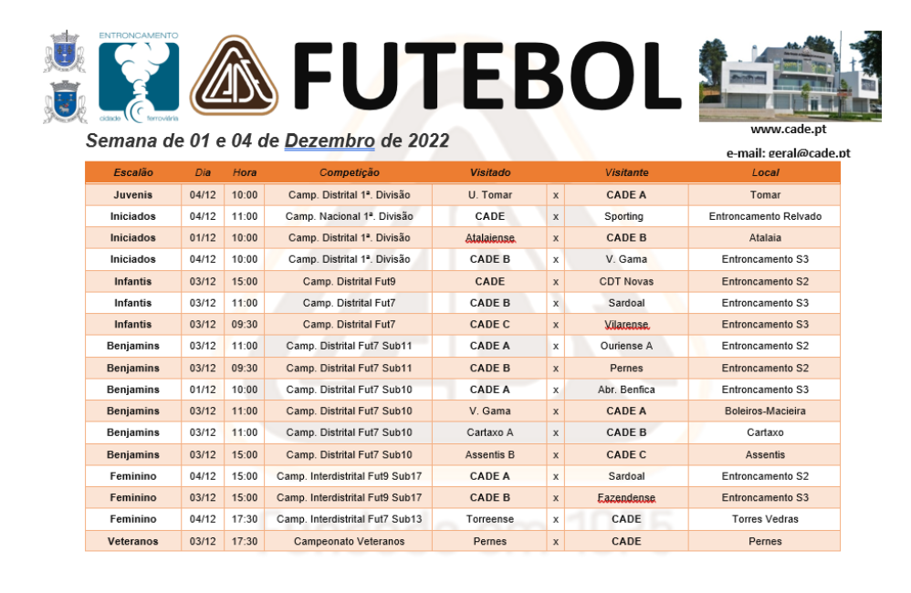 Agenda de jogos para fim de semana de 1 a 4 de Dezembro 2022...